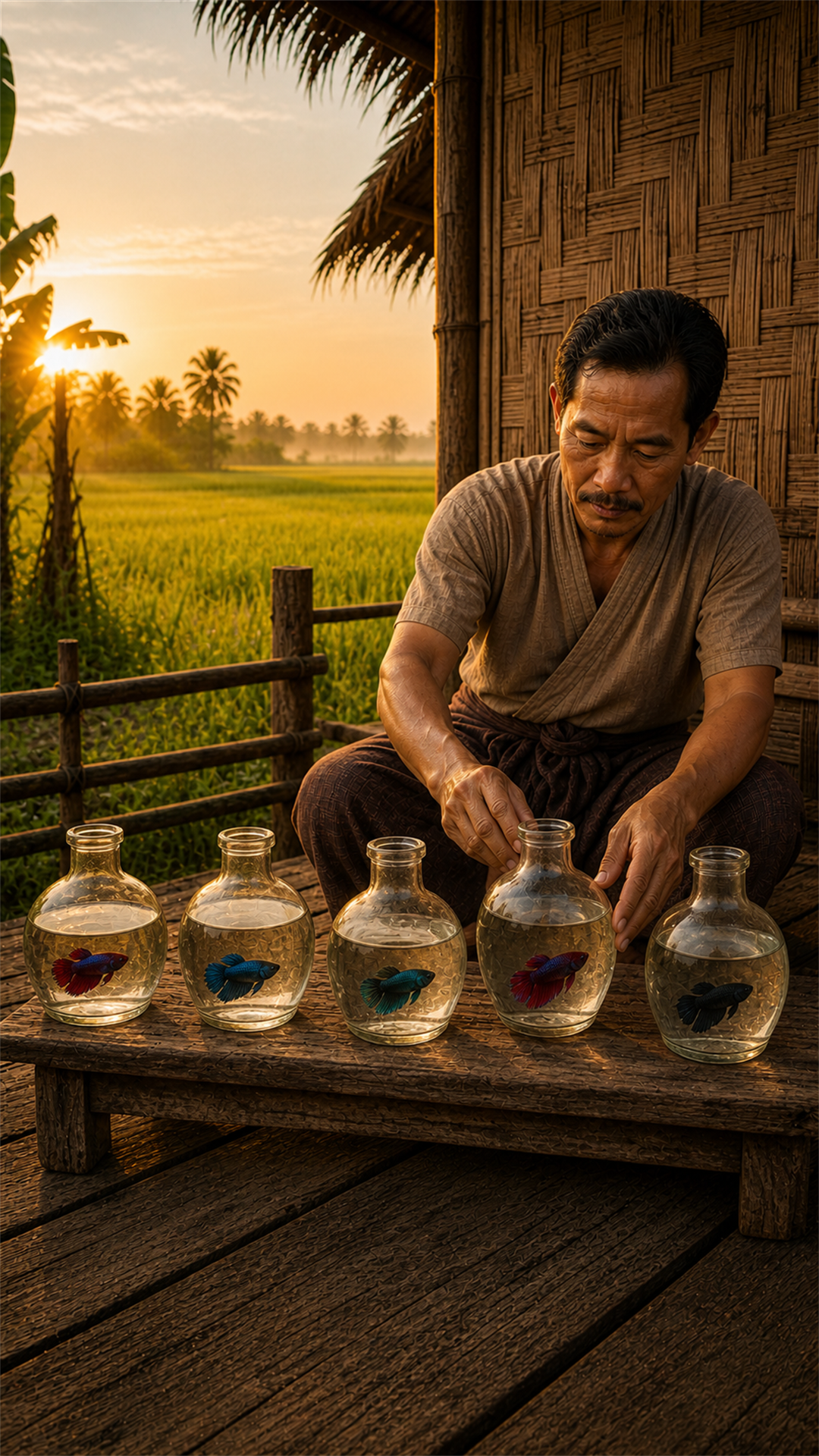 Thai keeper calmly acclimating bettas to different glass vessels
