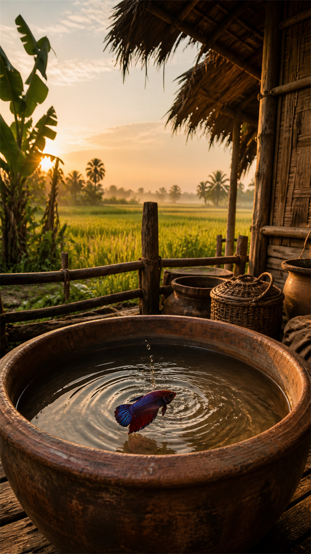Traditional Thai earthenware bowl used in betta fish keeping at sunrise